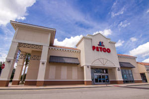 米色外牆、紅色招牌的 Petco 寵物用品店，在藍天下。