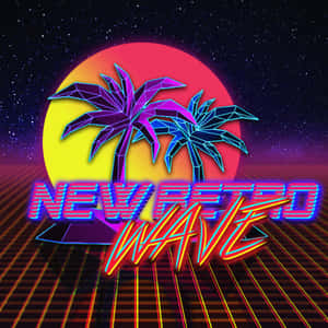 星空下的數碼網格上顯示霓虹棕櫚樹和 'New Retro Wave' 文字。
