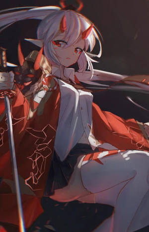 動漫女孩，紅角，持劍，紅白服裝