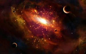 一個發光的宇宙星雲，行星漂浮在佈滿星辰的虛空中。 — 太空 壁紙