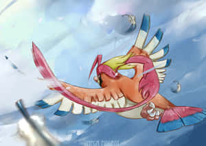 Mega Pidgeot 飛過藍天，帶有動態模糊和漂浮的花瓣。
