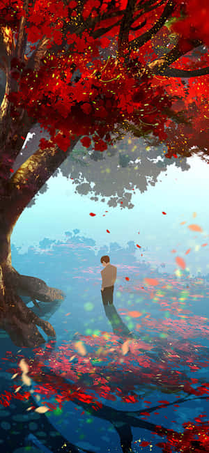 人站在紅樹下，落葉在水面上 — Xiaomi 14 Ultra 壁紙