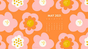 一個花卉日曆，用於2021年5月，在橙色背景上帶有粉紅色和白色花朵。