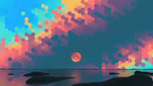 夜晚的水面和岩石上有一輪紅月亮的彩色六邊形天空。