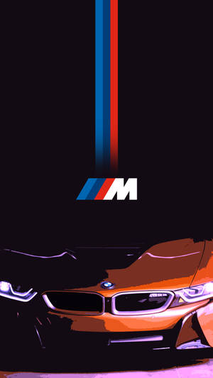 橙色BMW M車，帶有發光的頭燈和黑色背景上的M標誌條紋。