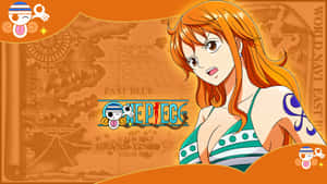 動漫女孩穿綠色泳衣，以海盜地圖為背景，帶有One Piece標誌。