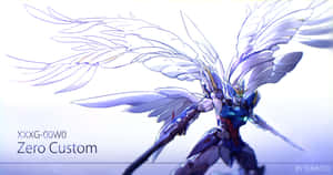 動畫風格機甲，帶有天使翅膀，在淺藍色背景前持步槍。