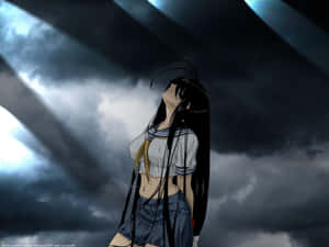 動漫女孩穿水手服在暴風雨天空下，有光線。