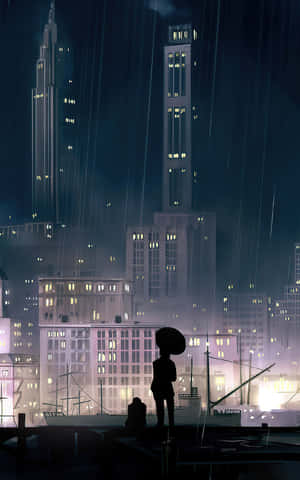 夜晚，一個人在雨中的城市碼頭上撐傘的剪影。 — 雨 壁紙