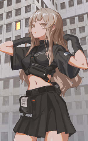 穿著黑色戰術服裝的動漫女孩在灰色城市建築前擺姿勢。 — 可愛動漫女仔 壁紙