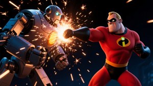 Mr. Incredible 在充滿能量的動作場景中拳擊機器人，火花四濺。