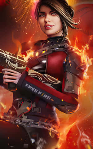 一位身穿火焰盔甲的女玩家手持刻有free fire的武器。