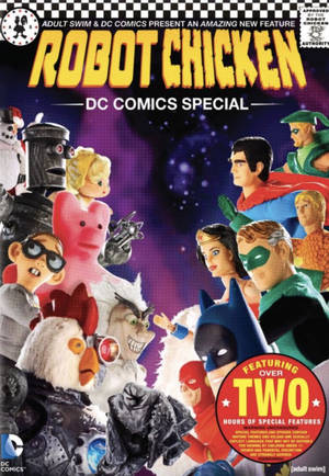 Robot Chicken DC Comics Special 封面，以定格動畫風格呈現木偶和超級英雄。 — 機械人 壁紙
