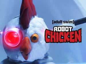 發光紅色眼睛和橙色喙的機械雞，帶有 Robot Chicken 標誌。 — 雞丁 GIF 壁紙