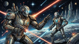 科幻漫畫風格嘅機械人喺太空戰鬥
