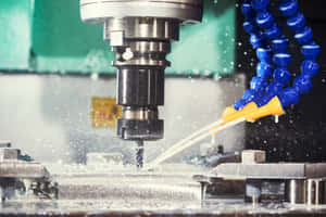 CNC 機器在工廠中用冷卻液噴霧切割金屬