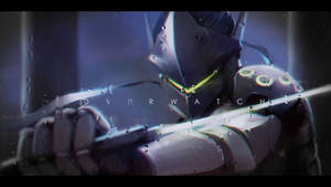 雨中嘅Overwatch角色，帶有發光綠色點綴同深色盔甲。
