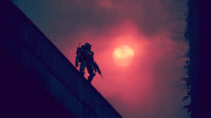 一個穿著盔甲的士兵在日落時站在建築物邊緣，天空呈紅色 — 機械人 壁紙