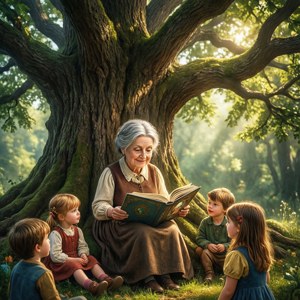 祖母在森林的大樹下為孩子們讀故事書。
