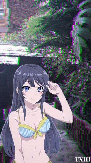 穿著條紋比基尼的動漫女孩在帶有故障效果的背景中揮手。