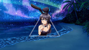 有兔耳嘅動漫女仔喺發光三角形入面，喺星光海灘上，有極光。