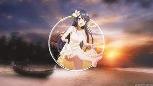 穿著白色連衣裙的動漫女孩坐在夕陽海灘上的發光圓圈內。