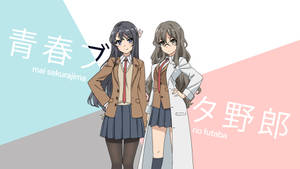 兩個穿著校服的動漫女孩在粉彩幾何背景前擺姿勢，帶有日文字。