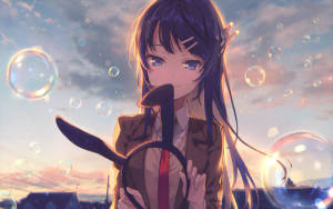 動漫女孩握著方向盤，日落時氣泡飄浮。