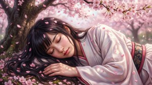 一位年輕女子在櫻花下睡著，花瓣在她周圍飄落。