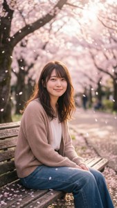 日落時分櫻花樹下長椅上微笑的年輕女性