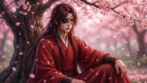 一位盲人武士身穿紅袍坐在櫻花樹下，花瓣飄落。