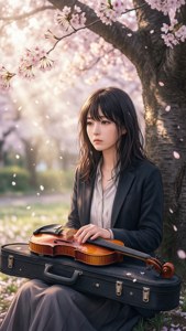 春天櫻花樹下拿著小提琴的年輕女性。