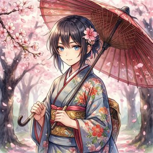 動漫女孩穿著花卉和服在櫻花下撐紅傘。