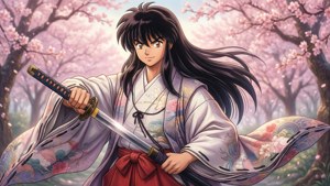 動漫武士戰士在櫻花樹下持刀
