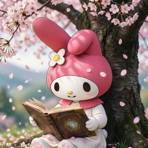 粉紅兔在飄落的櫻花下看書。