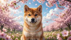 一隻柴犬坐在陽光普照的春日田野中飄落的櫻花下。