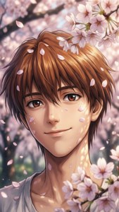 年輕動漫男子在櫻花飄落中微笑。