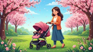 女士在春天公園盛開的櫻花樹下推著嬰兒車。