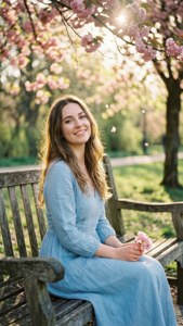 身穿藍色連衣裙的女士在櫻花下的公園長椅上微笑。