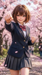 動漫女孩穿著校服在櫻花下向前出拳