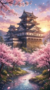日本城堡被櫻花樹和河流環繞的夕陽景色