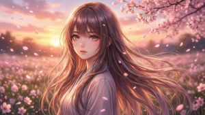長髮動漫少女站在夕陽下的櫻花田中。 — 動漫風格動圖 壁紙