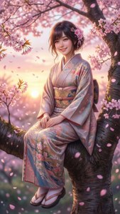 年輕女子穿和服坐在夕陽下的櫻花樹上