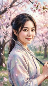 和服女子在櫻花下持弓