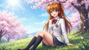 動漫女學生穿著校服，在陽光明媚的日子坐在櫻花樹下。