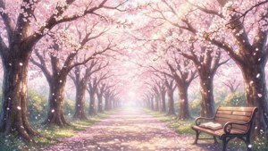 在粉紅色櫻花樹冠下，一張木長椅上放著一本打開的書。 — 動漫風格動圖 壁紙