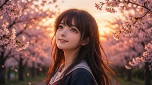 動漫女孩穿著校服在櫻花下微笑，日落時分。