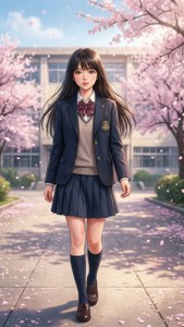 動漫女孩穿著校服在陽光明媚的日子裡走在櫻花樹下。