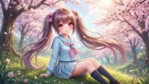 穿著校服的動漫女孩春天坐在櫻花樹下。
