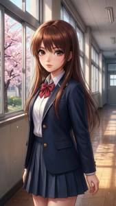 動漫女孩穿著校服站在窗邊，窗外有櫻花。